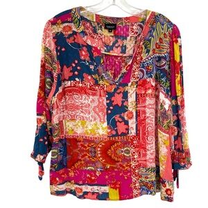 Jones New York Patchwork Print Paisley Floral Top Boho